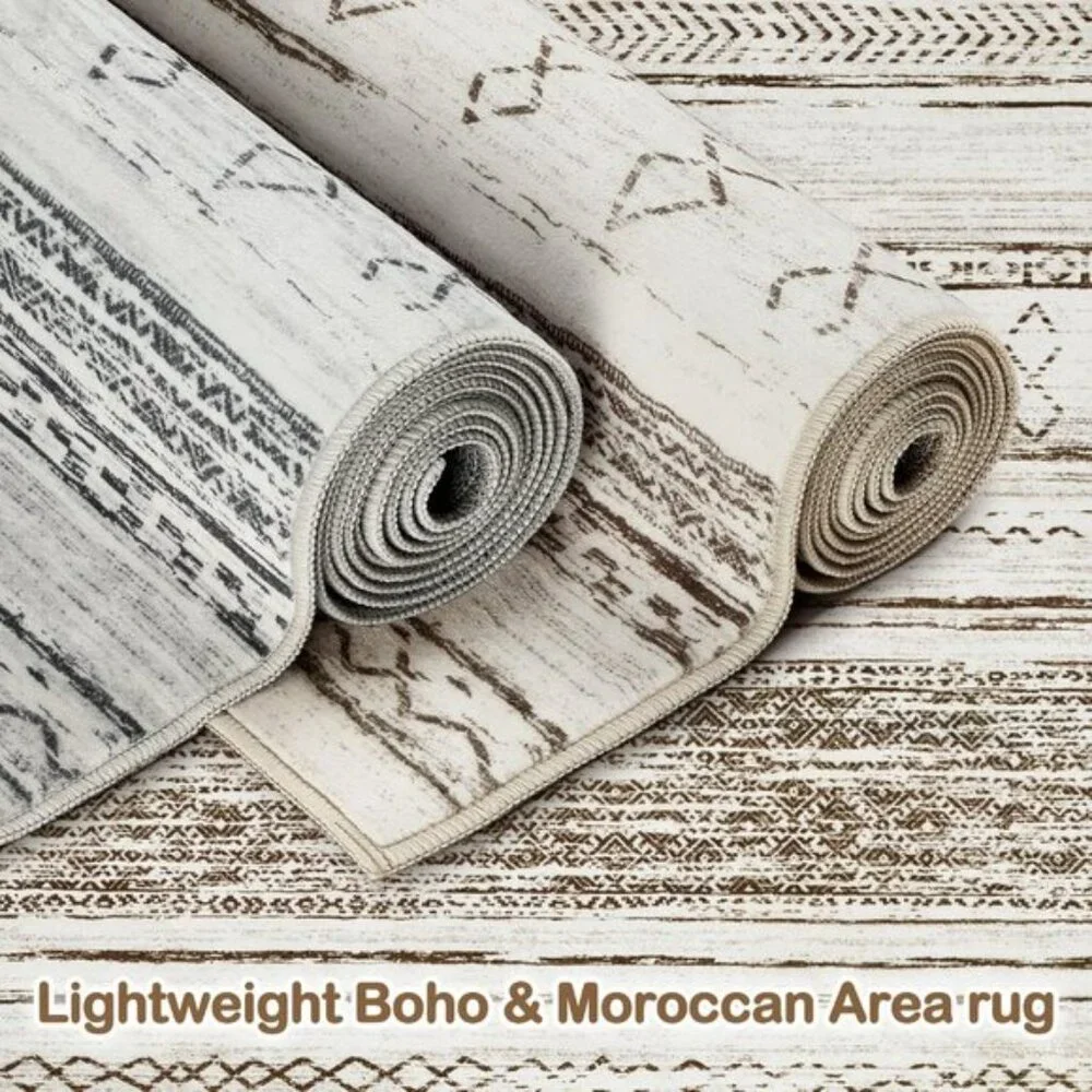 New 5x7 Cream Brown Boho Area Rug Washable Soft Carpet for Home & Room Decor